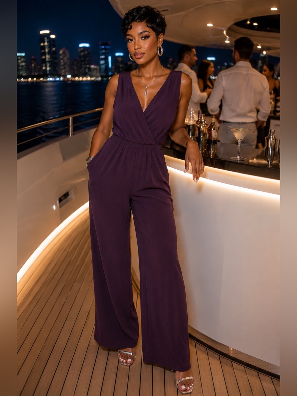 NY Collection Sleeveless Surplice Wide Leg Jumpsuit Purple Petite S Made in USA